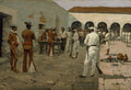Pintura a óleo de Frederic Remington, A Ronda dos Batedores, mostrando um grupo de homens em trajes militares e civis em um pátio, alguns armados, com um cenário de arquitetura colonial e arcos.