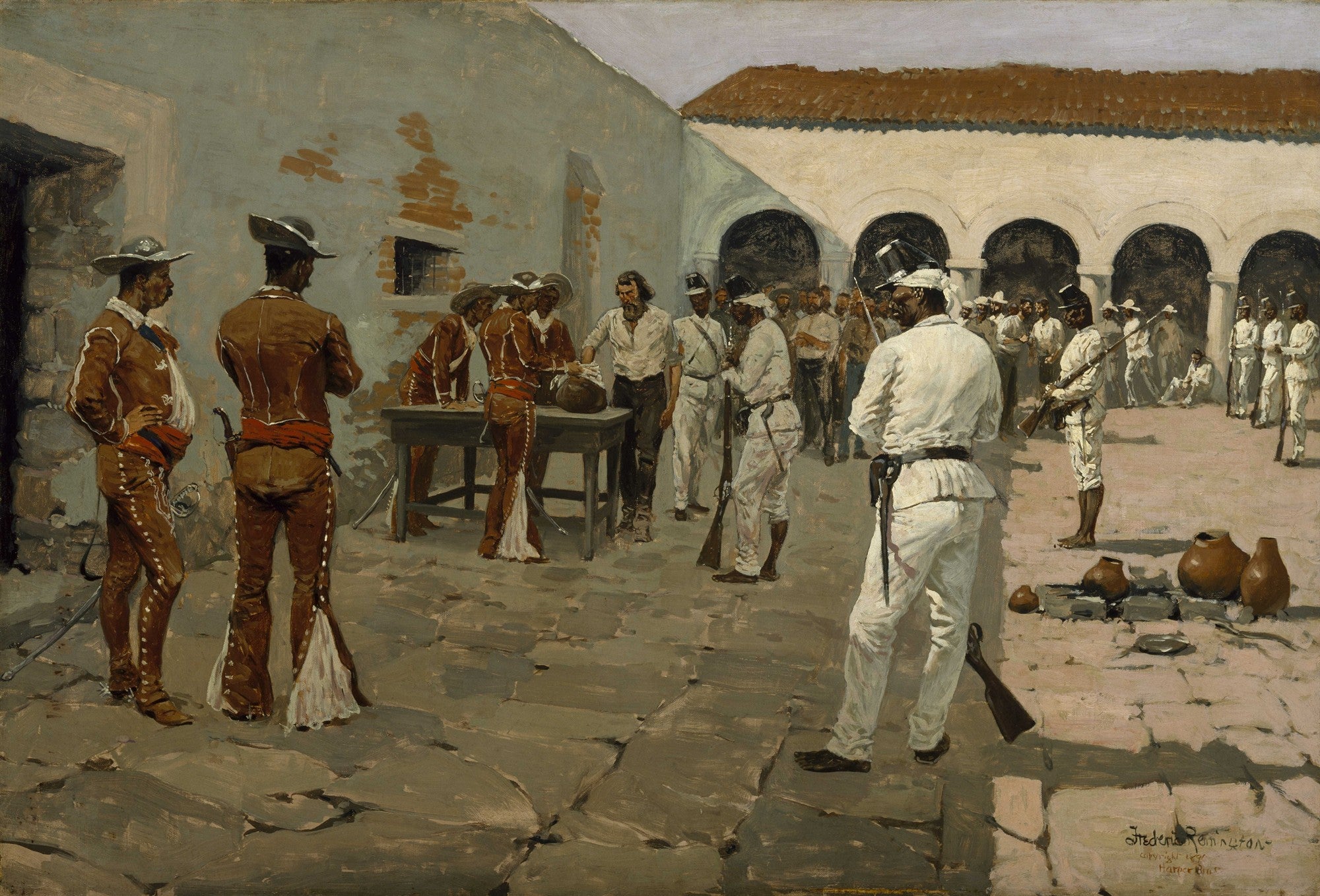 Pintura a óleo de Frederic Remington, A Ronda dos Batedores, mostrando um grupo de homens em trajes militares e civis em um pátio, alguns armados, com um cenário de arquitetura colonial e arcos.