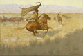 Quadro decorativo mostrando cavaleiros nativos americanos em disparada, levantando poeira em uma paisagem árida com montanhas ao fundo, obra de Frederic Remington.