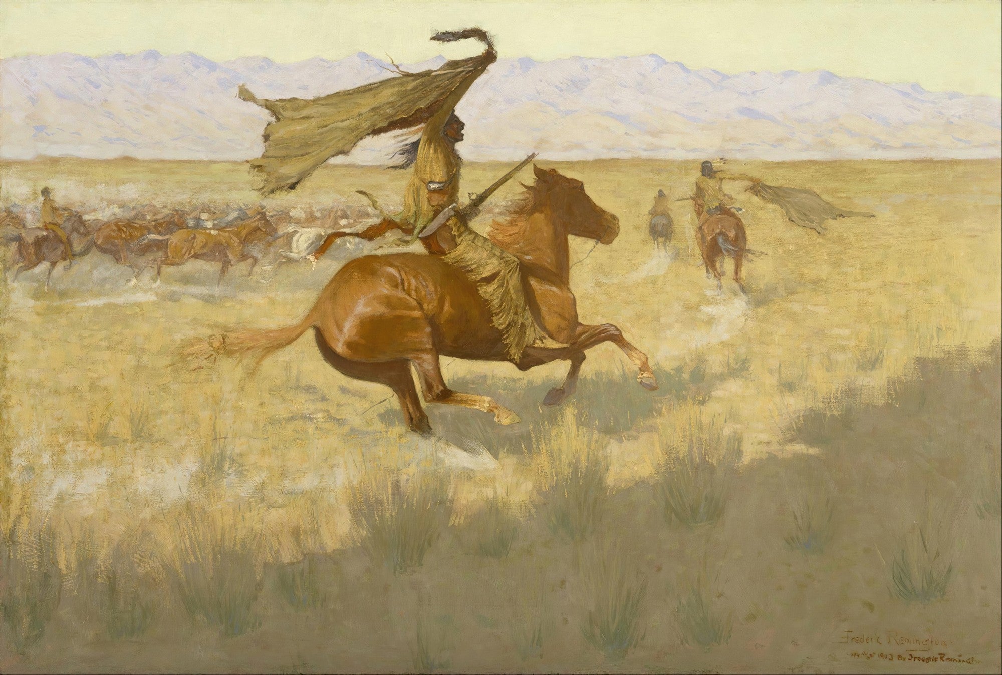 Quadro decorativo mostrando cavaleiros nativos americanos em disparada, levantando poeira em uma paisagem árida com montanhas ao fundo, obra de Frederic Remington.