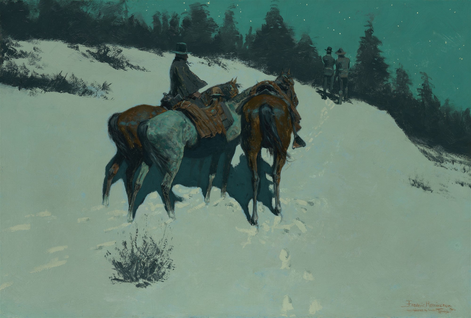 Quadro de Frederic Remington mostrando três cavaleiros e seus cavalos na neve, sob um céu noturno azul-esverdeado com estrelas, em uma paisagem de floresta.