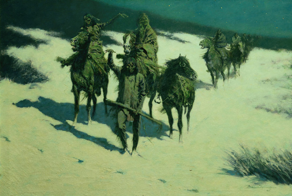 Quadro decorativo mostrando um grupo de índios montados a cavalo e a pé em uma paisagem nevada sob um céu noturno, obra de Frederic Remington.