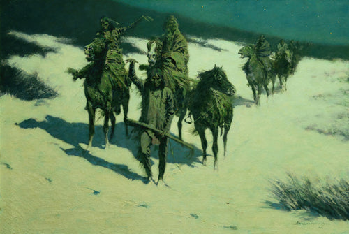Quadro decorativo mostrando um grupo de índios montados a cavalo e a pé em uma paisagem nevada sob um céu noturno, obra de Frederic Remington.