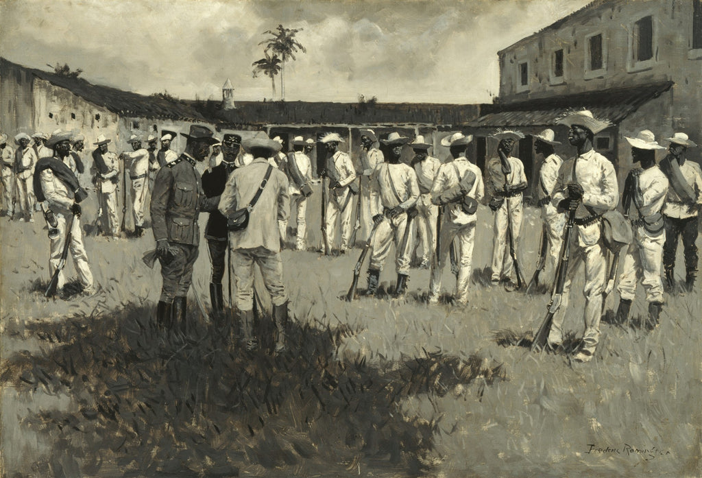 Pintura a óleo de Frederic Remington, 'Cuban Emigrès', mostrando um grupo de homens, alguns em uniformes militares, outros em trajes civis, reunidos em um pátio, com edifícios ao fundo e palmeiras. Predominam tons de cinza, branco e preto.