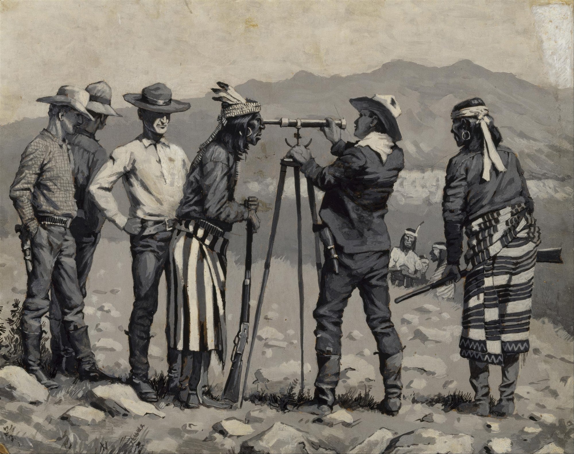 Grupo de homens, incluindo nativos americanos e exploradores ocidentais, observando o horizonte com um telescópio, em uma paisagem montanhosa desértica. Arte em tons de cinza de Frederic Remington.