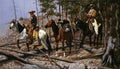 Pintura a óleo de Frederic Remington, "A Patrulha de Batedores", retratando três cowboys montados a cavalo em uma floresta escura e rochosa, com árvores secas e galhos caídos no chão. Os homens estão vestidos com trajes típicos do Velho Oeste, e seus cavalos têm arreios. Um dos cowboys está à frente, olhando para trás, enquanto os outros dois o seguem.