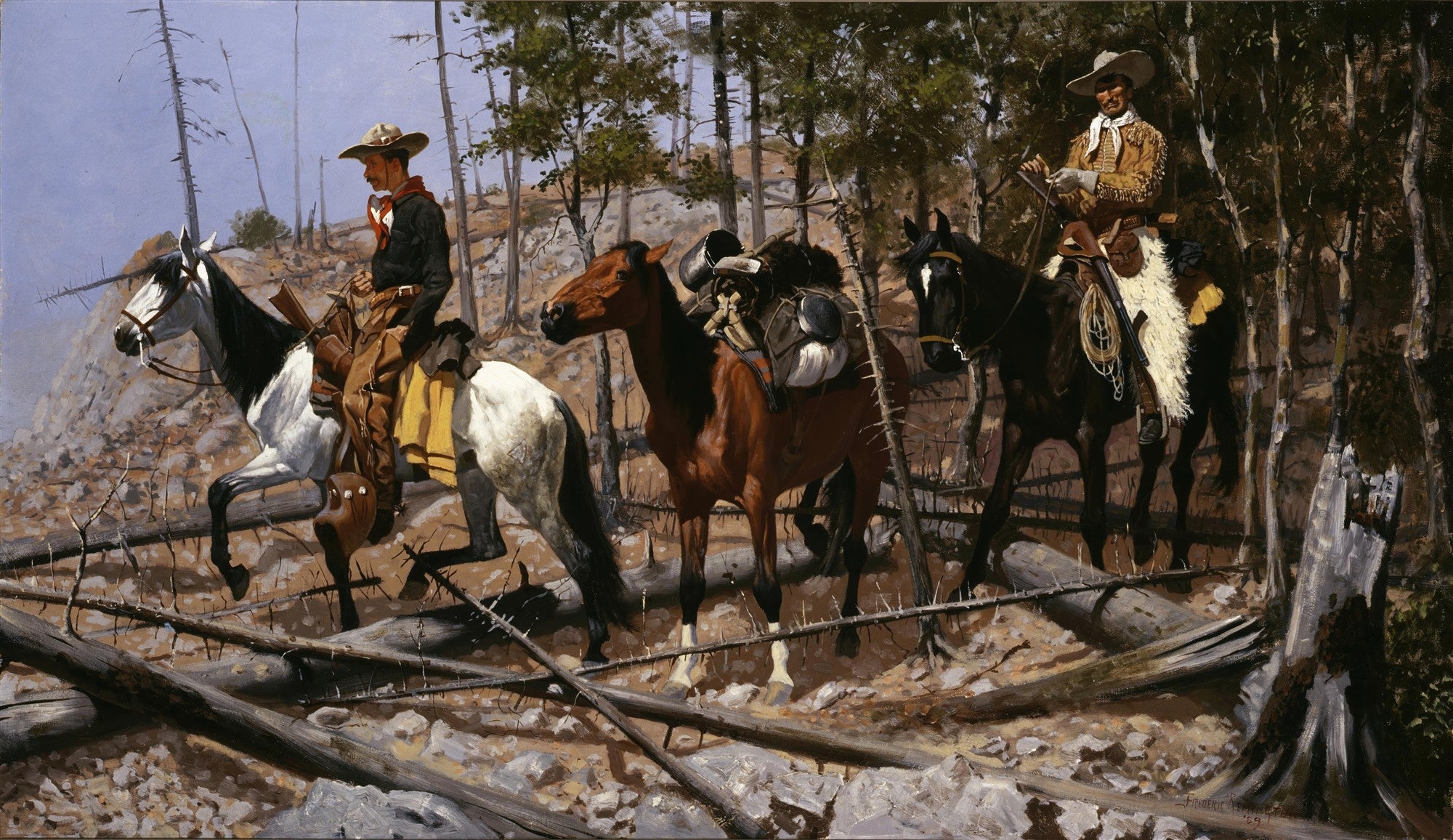 Pintura a óleo de Frederic Remington, "A Patrulha de Batedores", retratando três cowboys montados a cavalo em uma floresta escura e rochosa, com árvores secas e galhos caídos no chão. Os homens estão vestidos com trajes típicos do Velho Oeste, e seus cavalos têm arreios. Um dos cowboys está à frente, olhando para trás, enquanto os outros dois o seguem.