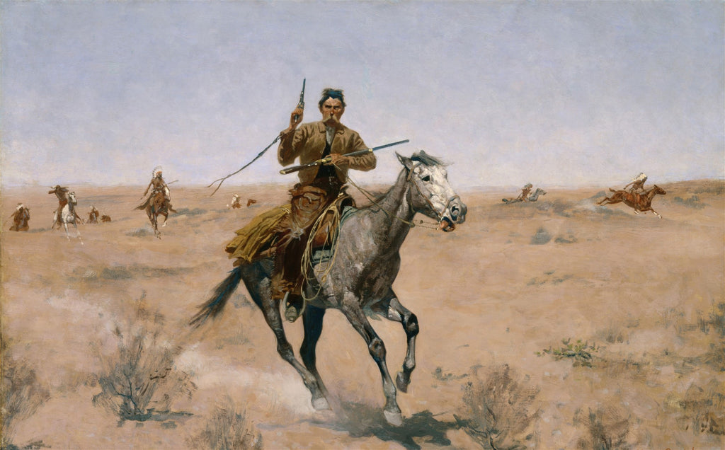 Quadro decorativo mostrando um cowboy montado a cavalo em alta velocidade, segurando uma arma, enquanto outros cavaleiros o perseguem em um cenário desértico árido.