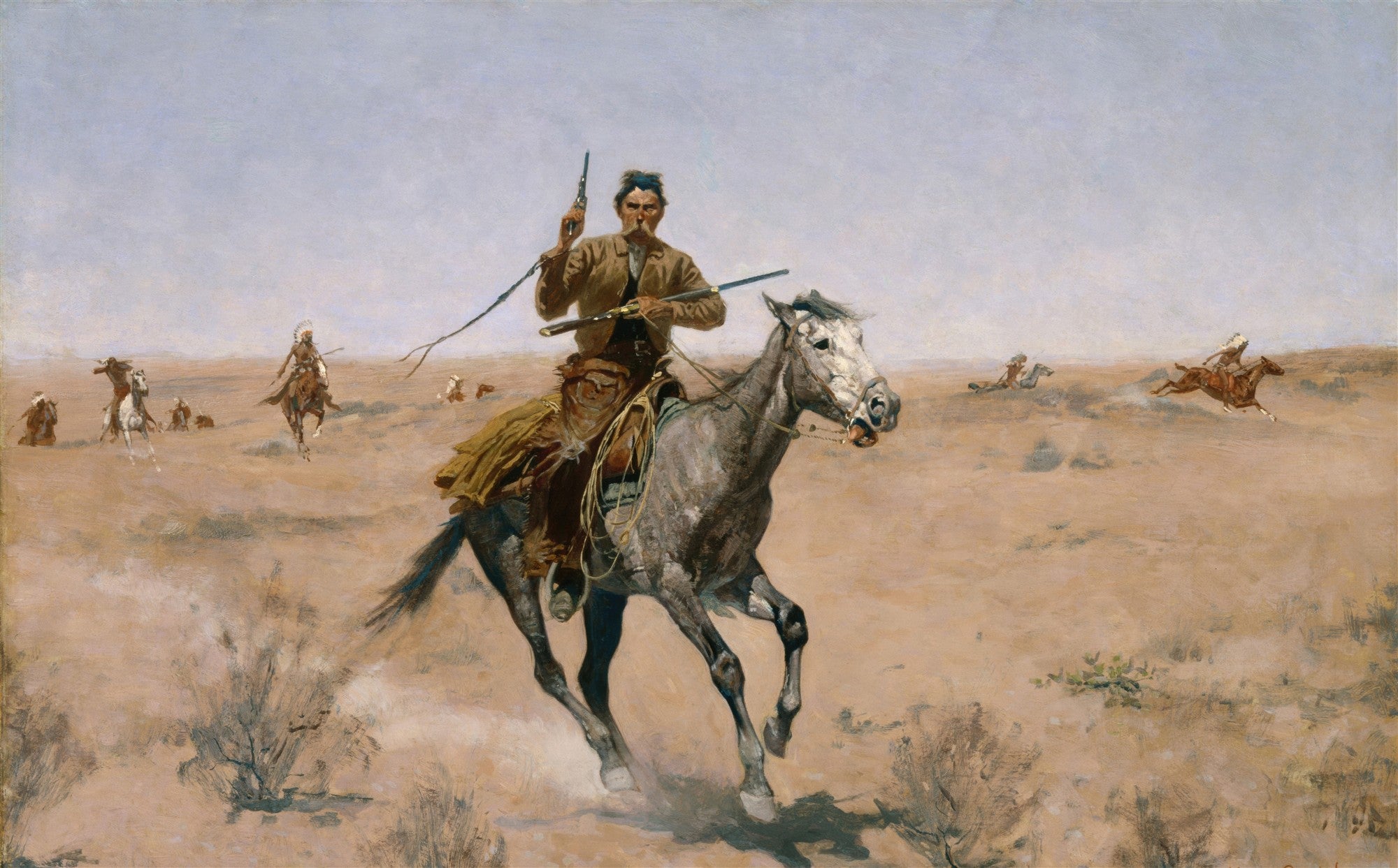 Quadro decorativo mostrando um cowboy montado a cavalo em alta velocidade, segurando uma arma, enquanto outros cavaleiros o perseguem em um cenário desértico árido.