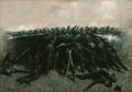Pintura de Frederic Remington mostrando uma linha de soldados em formação de batalha, disparando rifles, com alguns caídos no chão. A fumaça dos disparos é visível e o céu é cinzento e dramático.