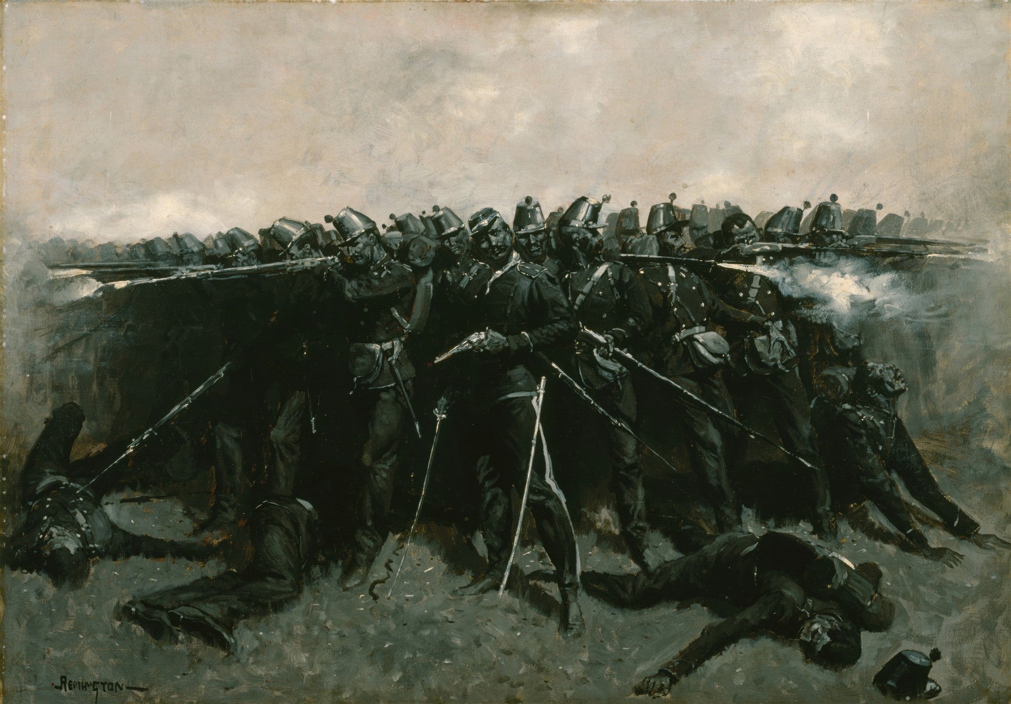 Pintura de Frederic Remington mostrando uma linha de soldados em formação de batalha, disparando rifles, com alguns caídos no chão. A fumaça dos disparos é visível e o céu é cinzento e dramático.