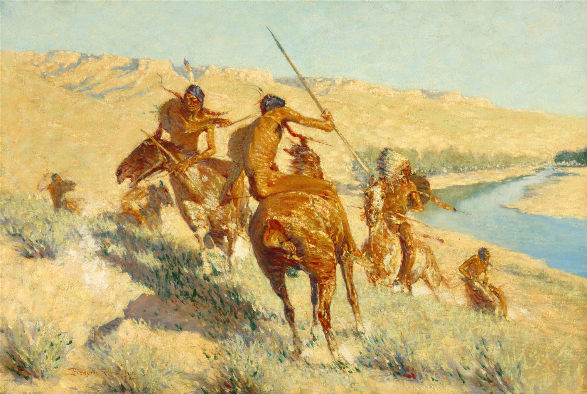 Quadro decorativo mostrando guerreiros nativos americanos a cavalo em plena carga, com lanças e arcos, em uma paisagem árida com um rio ao fundo, sob um céu claro.