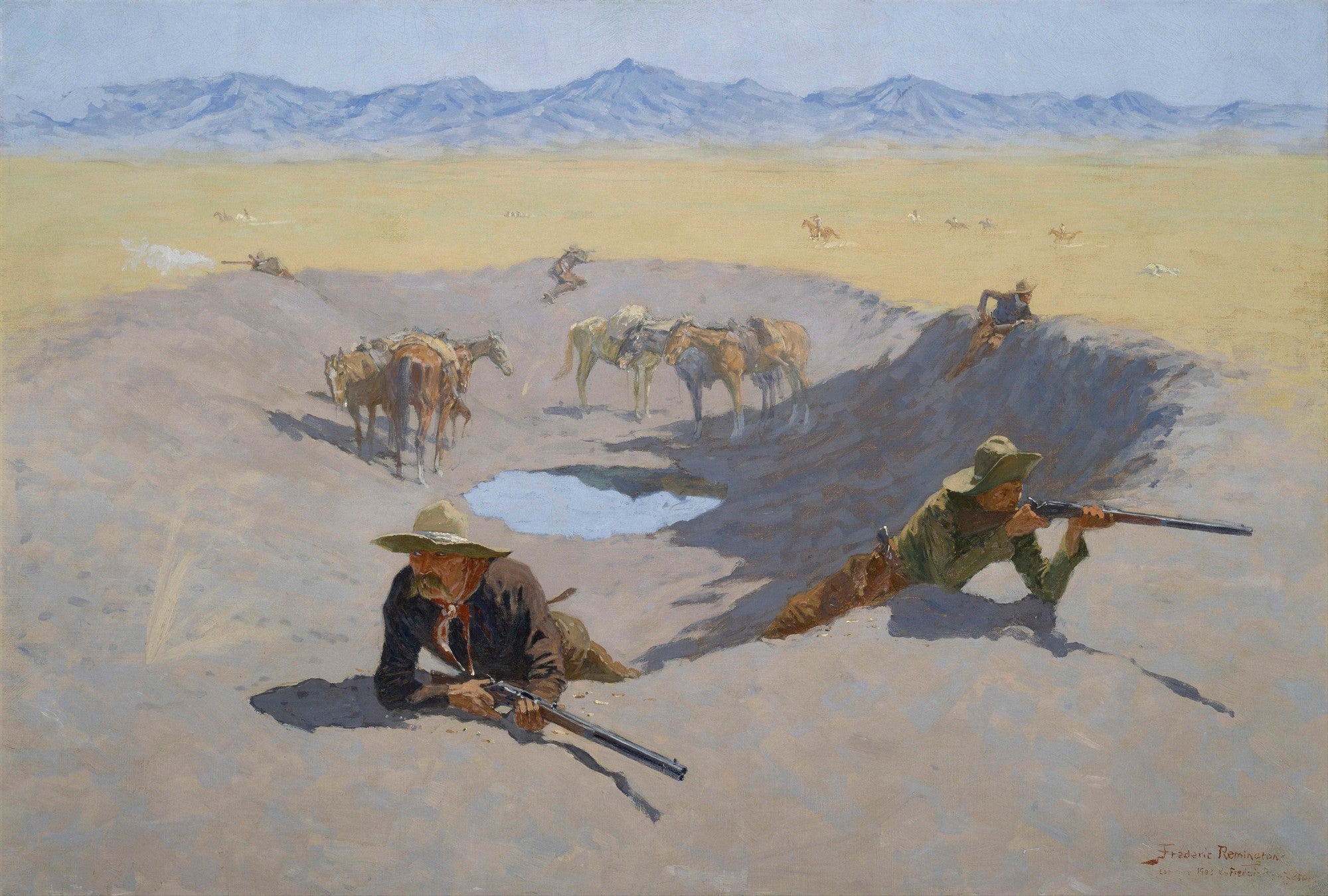 Quadro decorativo "A Última Água" de Frederic Remington, mostrando cowboys em uma trincheira ao redor de um poço d'água no deserto, defendendo-se de atacantes invisíveis. Montanhas ao fundo e cavalos na trincheira.