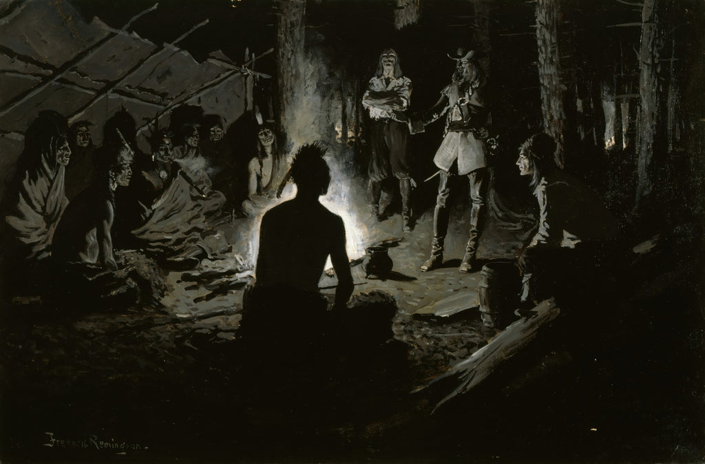 Quadro decorativo noturno de Frederic Remington, 'A Parley', com figuras em torno de uma fogueira, incluindo nativos americanos e homens europeus, sob luz dramática.