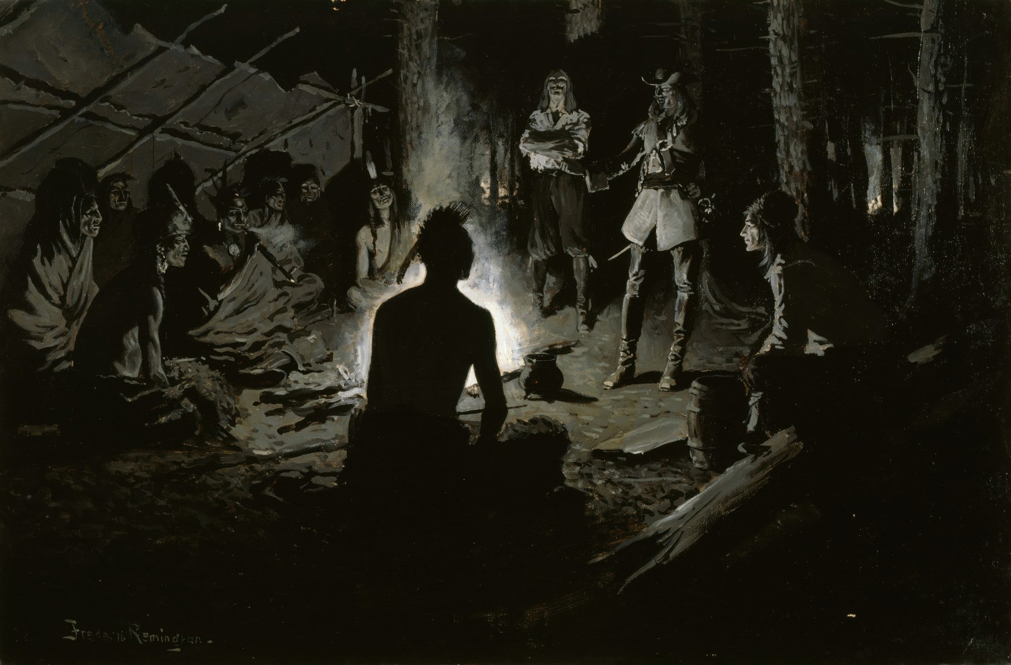 Quadro decorativo noturno de Frederic Remington, 'A Parley', com figuras em torno de uma fogueira, incluindo nativos americanos e homens europeus, sob luz dramática.