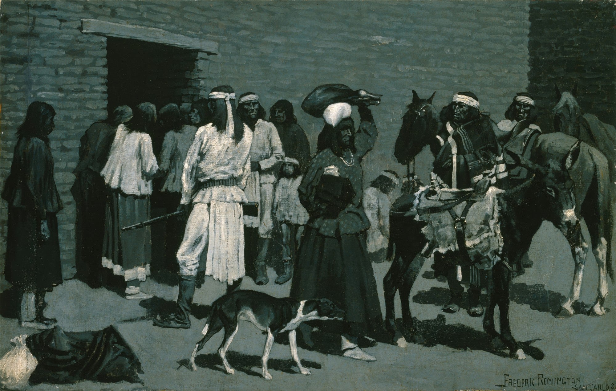 Quadro de Frederic Remington 'San Carlos' retratando um grupo de figuras, possivelmente nativos americanos, alguns a pé, outros com animais como cavalos e burros, em um cenário de construções de pedra sob uma luz crepuscular azulada.