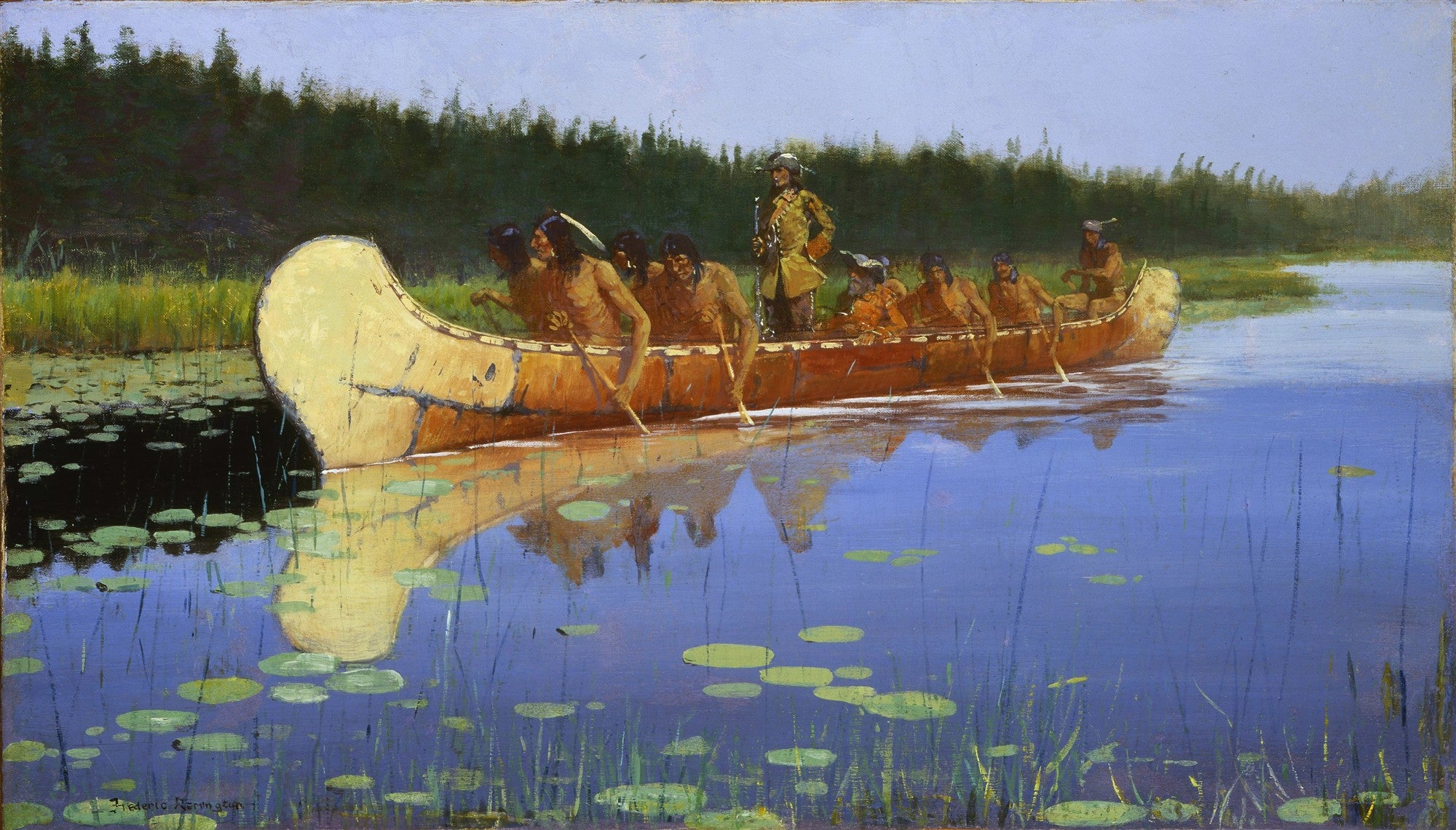 Pintura a óleo de Frederic Remington, 'The Explorer', mostrando uma canoa com homens nativos americanos e um explorador em um lago sereno com nenúfares e margens arborizadas, refletindo na água.