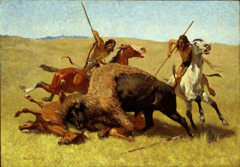 Pintura a óleo de Frederic Remington, 'The Buffalo Hunt', mostrando caçadores nativos americanos a cavalo perseguindo bisões nas planícies, com ação e movimento intensos.