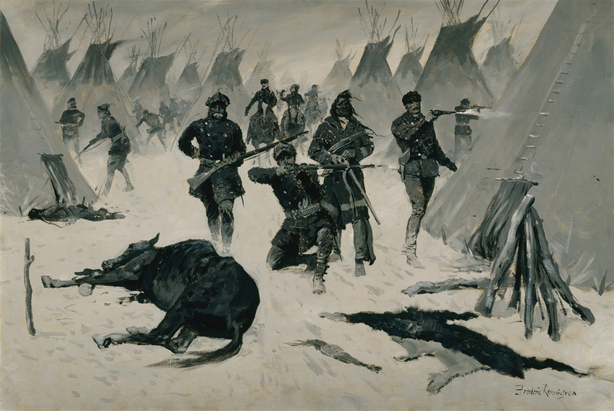 Pintura em preto e branco de Frederic Remington retratando uma batalha na neve, com tendas indígenas e soldados em confronto. Um búfalo morto jaz em primeiro plano, adicionando dramaticidade à cena.