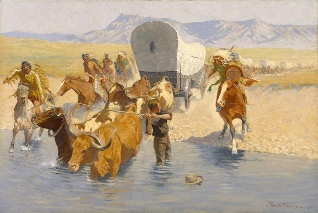 Quadro decorativo com cena de Frederic Remington, mostrando uma caravana cruzando um rio, com homens, cavalos, bois e carroças cobertas, sob um céu claro e montanhas ao fundo.