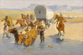 Quadro decorativo com cena de Frederic Remington, mostrando uma caravana cruzando um rio, com homens, cavalos, bois e carroças cobertas, sob um céu claro e montanhas ao fundo.