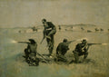 Quadro decorativo mostrando cena de batalha no Velho Oeste americano, com atiradores de rifle defendendo um companheiro ferido, em estilo de Frederic Remington.
