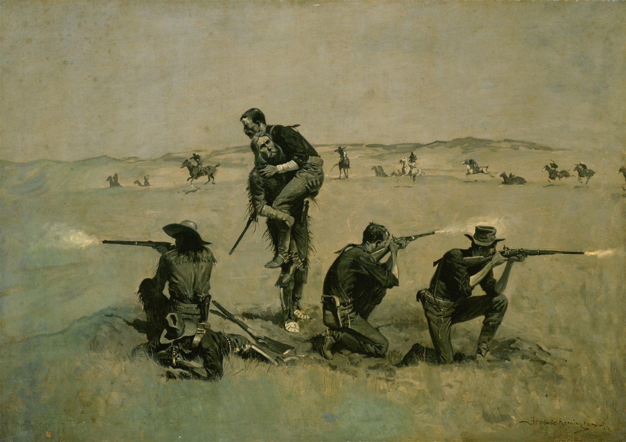 Quadro decorativo mostrando cena de batalha no Velho Oeste americano, com atiradores de rifle defendendo um companheiro ferido, em estilo de Frederic Remington.