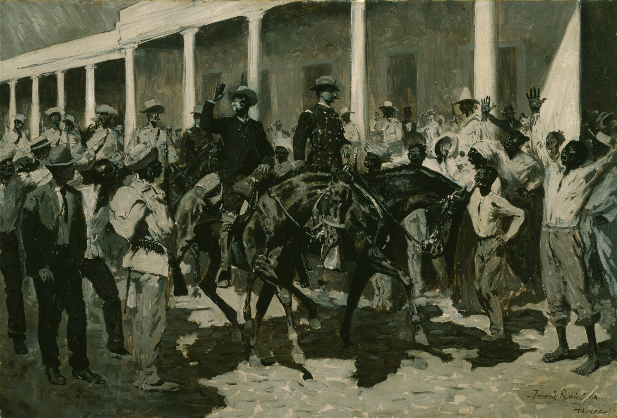 Pintura de Frederic Remington mostrando uma multidão celebrando a chegada de figuras a cavalo, em frente a um edifício colonial branco com colunas. Predominam tons de cinza e preto, com detalhes em branco e marrom. A cena é dinâmica, com pessoas acenando e gesticulando.
