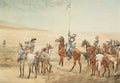 Quadro decorativo mostrando soldados e nativos americanos a cavalo erguendo uma bandeira em um cenário desértico, pintura de Frederic Remington.
