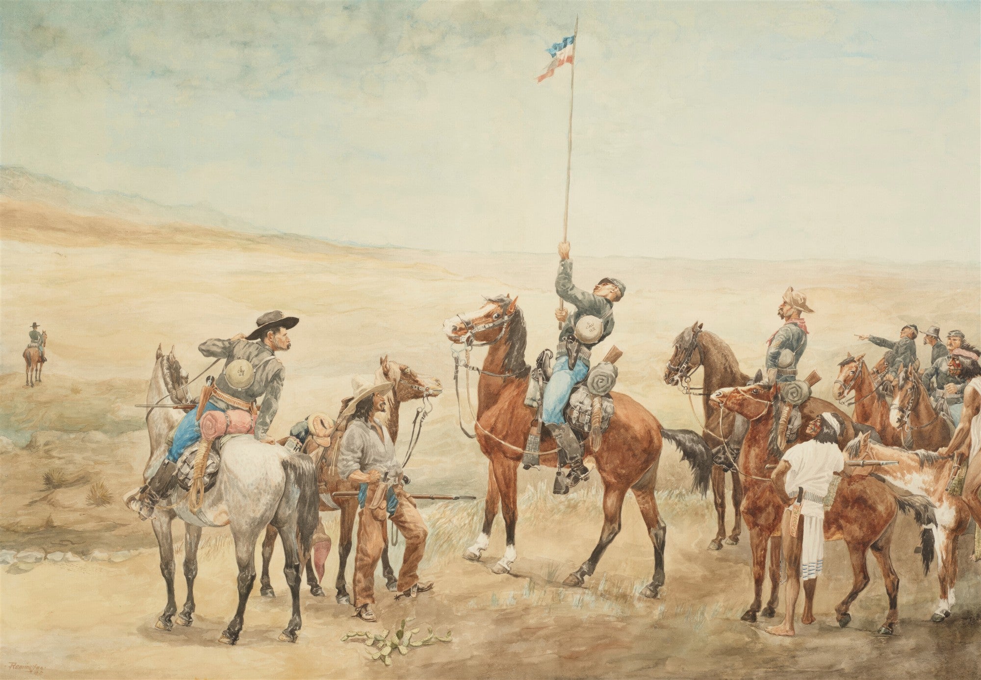 Quadro decorativo mostrando soldados e nativos americanos a cavalo erguendo uma bandeira em um cenário desértico, pintura de Frederic Remington.