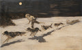 Quadro decorativo com ilustração de Frederic Remington, mostrando um condutor de trenó puxado por vários cães na neve sob a luz da lua cheia, em uma noite estrelada.