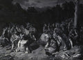 Quadro monocromático de Frederic Remington, 'A Reunião Secreta', mostrando um grupo de nativos americanos reunidos à noite sob um céu estrelado, com montanhas e árvores ao fundo. A cena é dramática e íntima.
