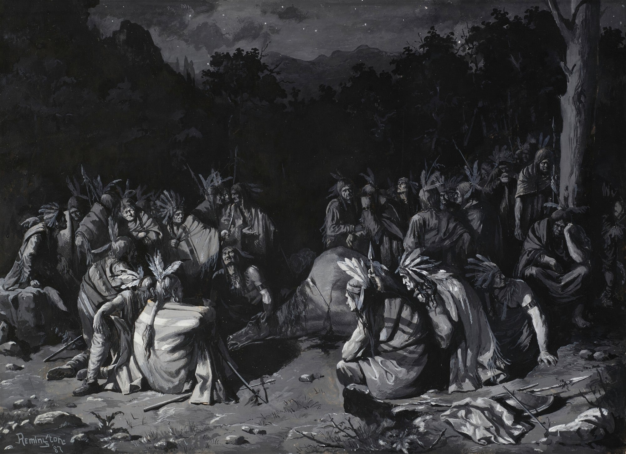 Quadro monocromático de Frederic Remington, 'A Reunião Secreta', mostrando um grupo de nativos americanos reunidos à noite sob um céu estrelado, com montanhas e árvores ao fundo. A cena é dramática e íntima.