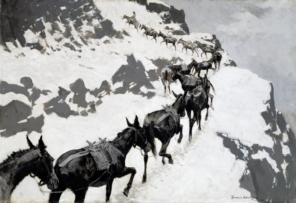 Pintura de Frederic Remington mostrando uma fila de mulas escuras subindo uma trilha íngreme e nevada em uma montanha.