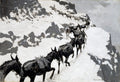 Pintura de Frederic Remington mostrando uma fila de mulas escuras subindo uma trilha íngreme e nevada em uma montanha.