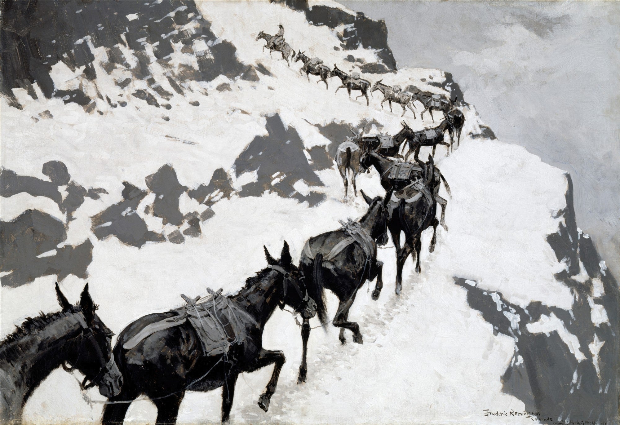 Pintura de Frederic Remington mostrando uma fila de mulas escuras subindo uma trilha íngreme e nevada em uma montanha.