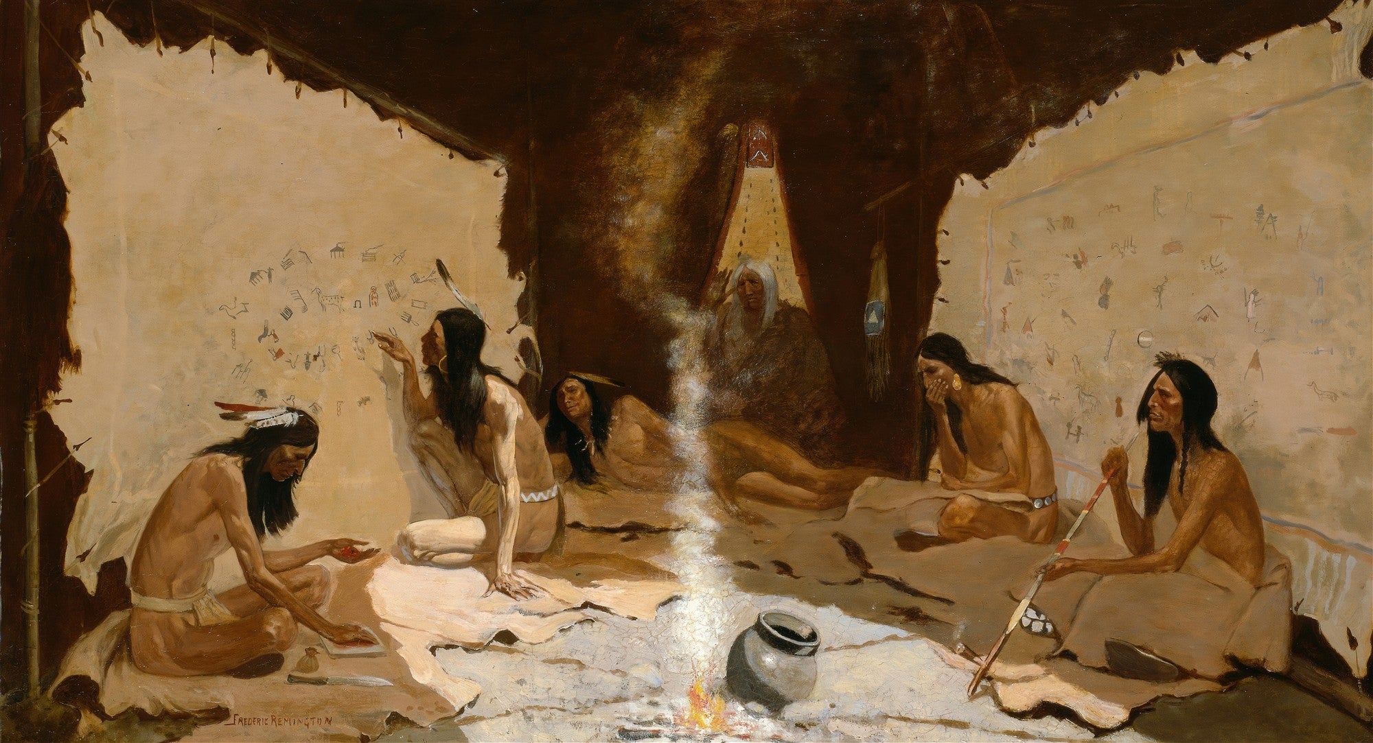 Impressão fine art 'A Contação de Histórias' de Frederic Remington, mostrando indígenas americanos em uma tenda ao redor de uma fogueira, com um deles contando histórias e outros ouvindo atentamente, com símbolos pictográficos na parede da tenda.