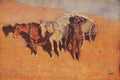 Pintura de Frederic Remington mostrando dois cavalos de carroça e um homem com chapéu observando o horizonte em uma paisagem desértica dourada.