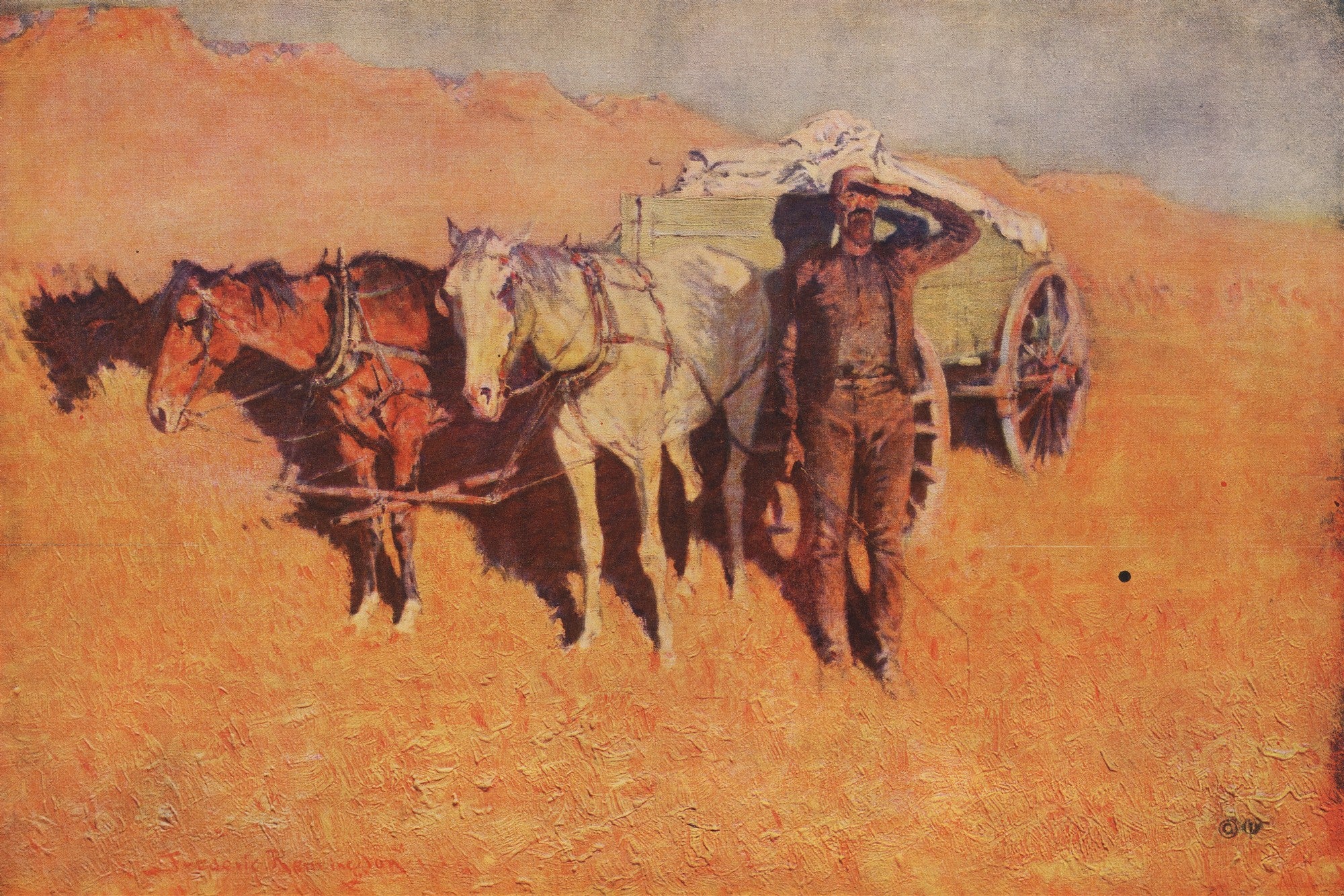 Pintura de Frederic Remington mostrando dois cavalos de carroça e um homem com chapéu observando o horizonte em uma paisagem desértica dourada.