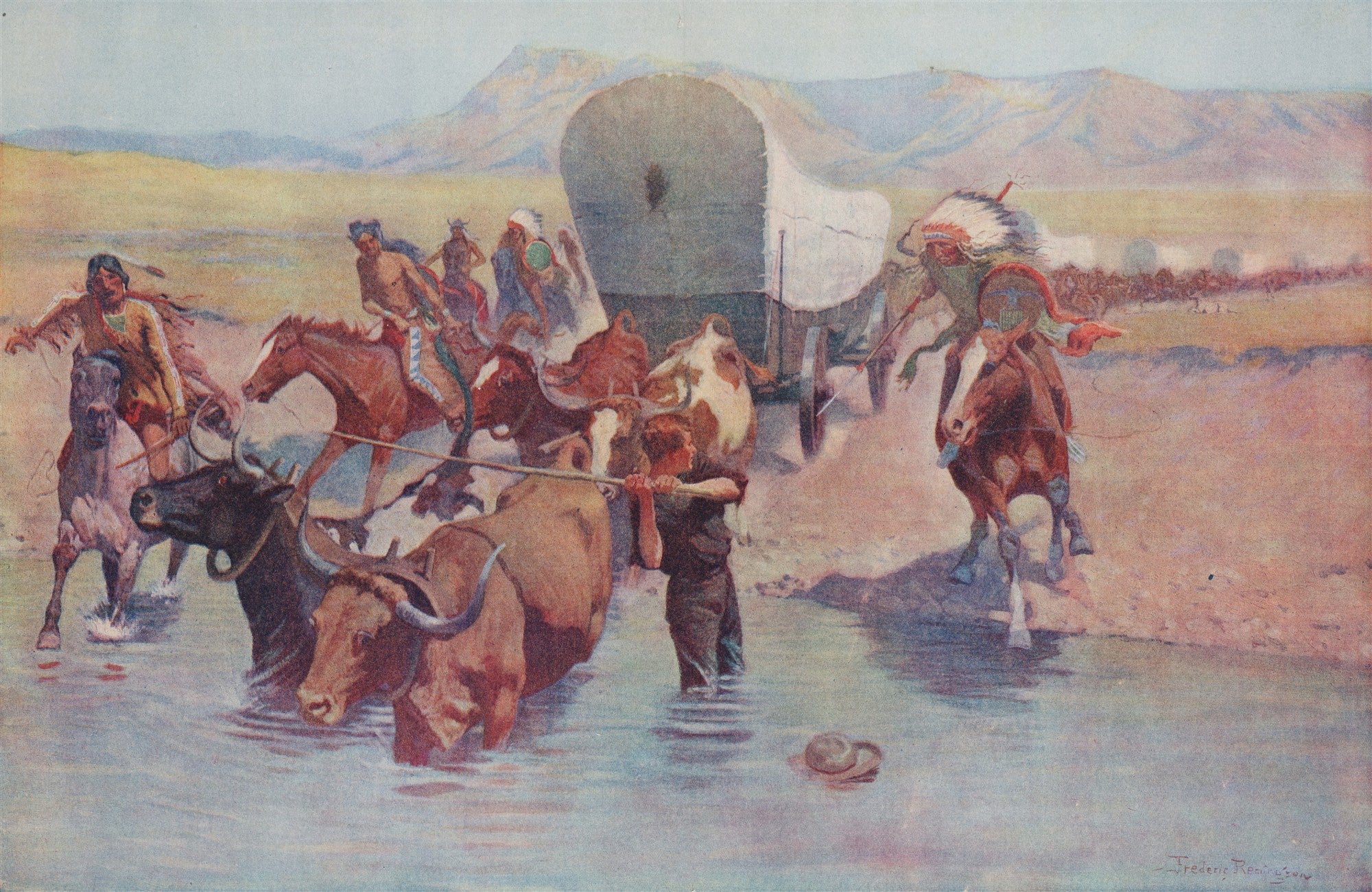 Uma pintura a óleo de Frederic Remington mostrando uma carroça coberta sendo puxada por bois através de um rio, com homens a cavalo e a pé, alguns deles indígenas, acompanhando a travessia. As montanhas baixas e a vegetação rasteira ao fundo indicam uma paisagem de fronteira.