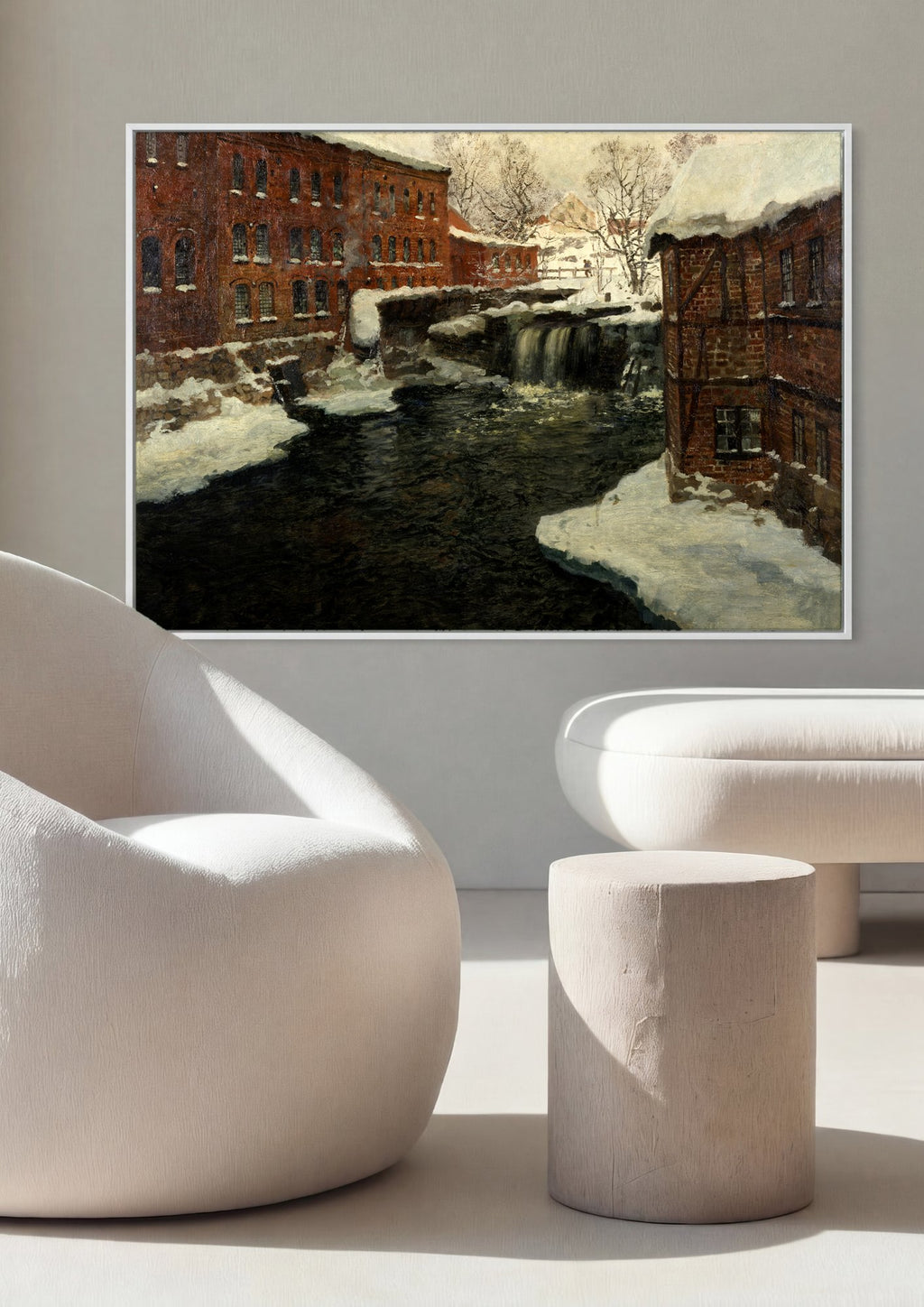 Quadro Decorativo Inverno Neve e Rio - Frits Thaulow em ambiente decorado