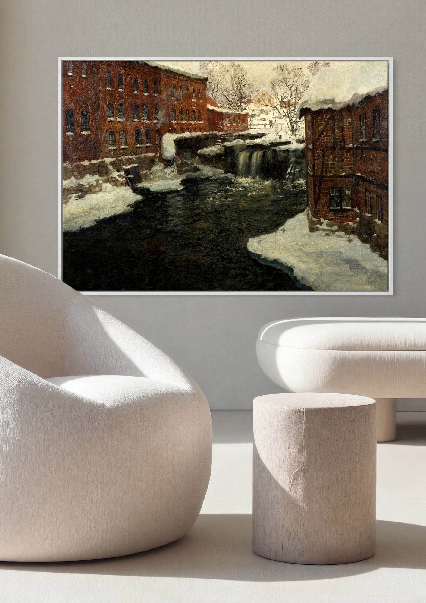Quadro Decorativo Inverno Neve e Rio - Frits Thaulow em ambiente decorado