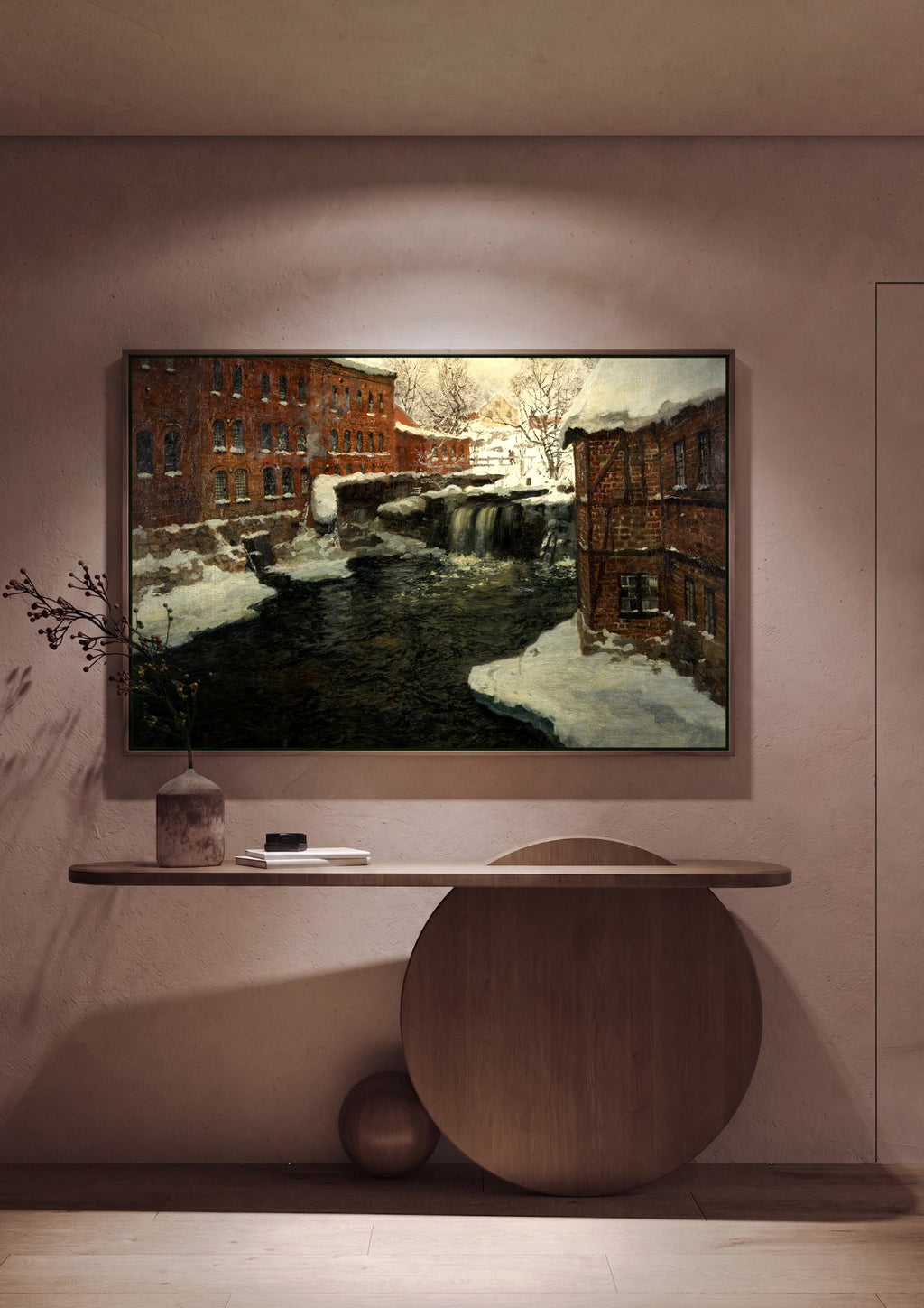 Quadro Decorativo Inverno Neve e Rio - Frits Thaulow em ambiente decorado