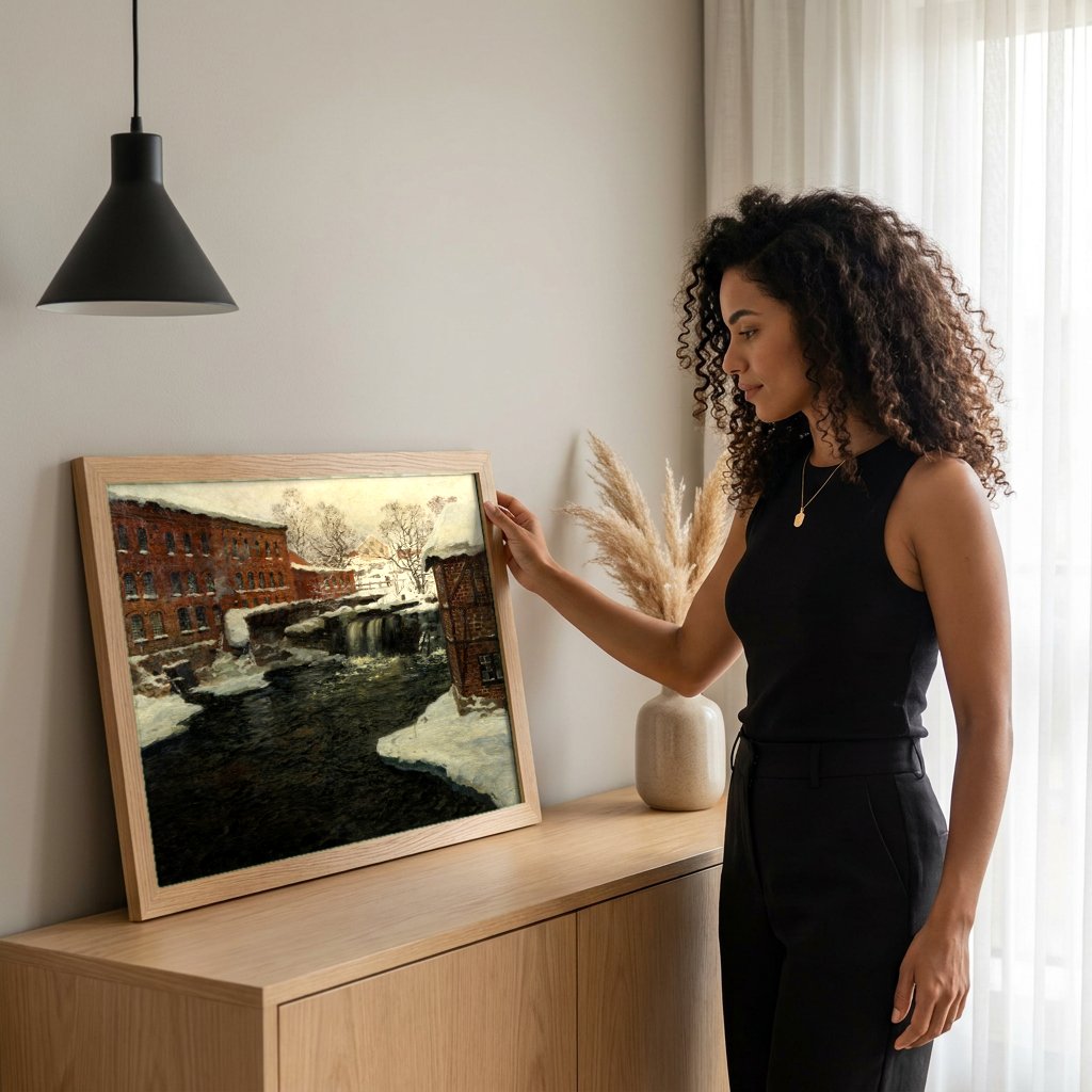 Quadro Decorativo Inverno Neve e Rio - Frits Thaulow com modelo em ambiente