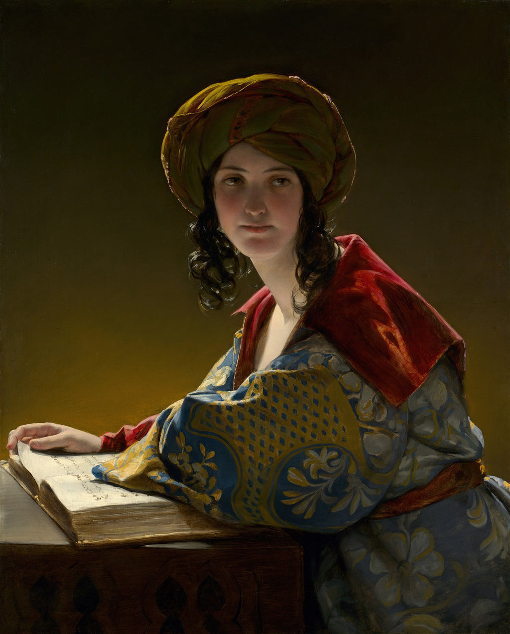 Retrato de uma jovem mulher com turbante verde e vestes coloridas, lendo um livro, iluminada por uma luz suave. Atribuição a Friedrich von Amerling.
