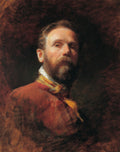Retrato em óleo de um homem com barba e bigode, olhar sério e direto, usando um casaco vermelho e lenço amarelo. Fundo escuro e texturizado.
