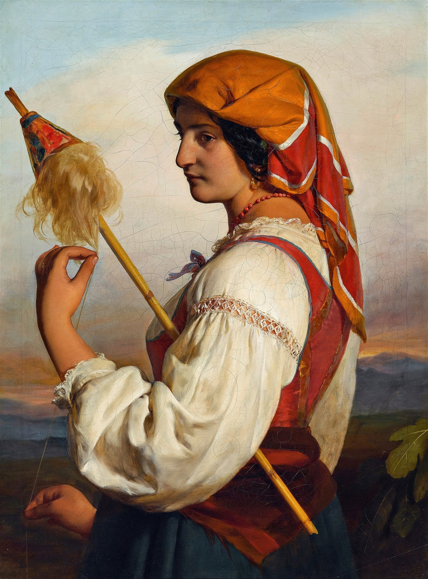 Retrato de uma jovem fiandeira, de perfil, segurando um fuso com lã. Ela usa um lenço laranja e vermelho na cabeça e vestimentas tradicionais, com montanhas ao fundo. Obra de Friedrich von Amerling.