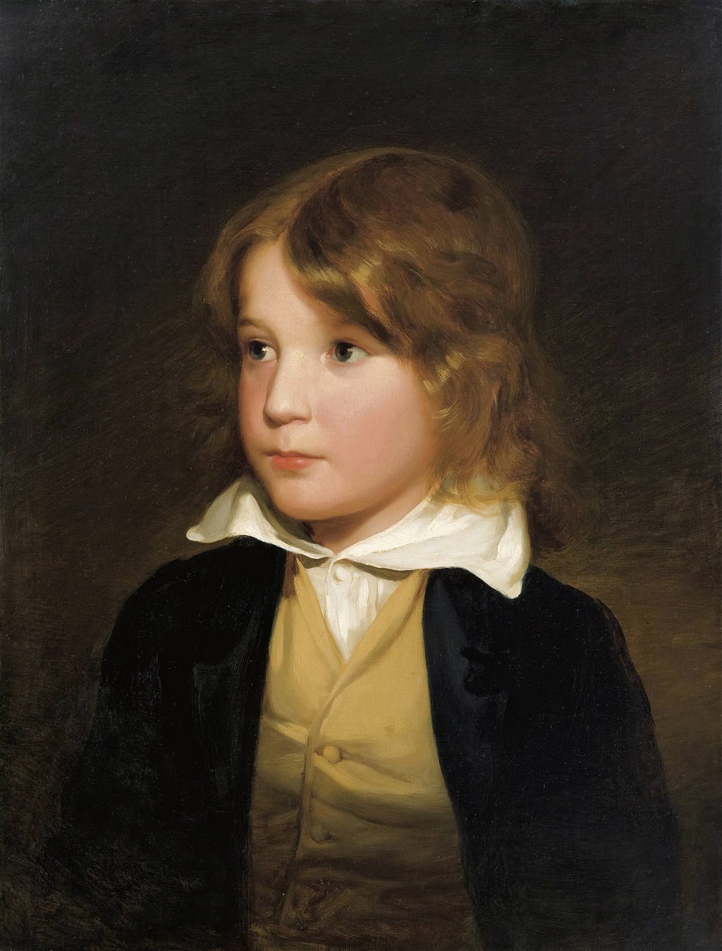 Retrato a óleo de um menino com cabelos castanhos claros e olhos azuis, vestindo camisa branca e colete amarelo sob casaco escuro, em fundo escuro. Atribuído a Friedrich von Amerling.