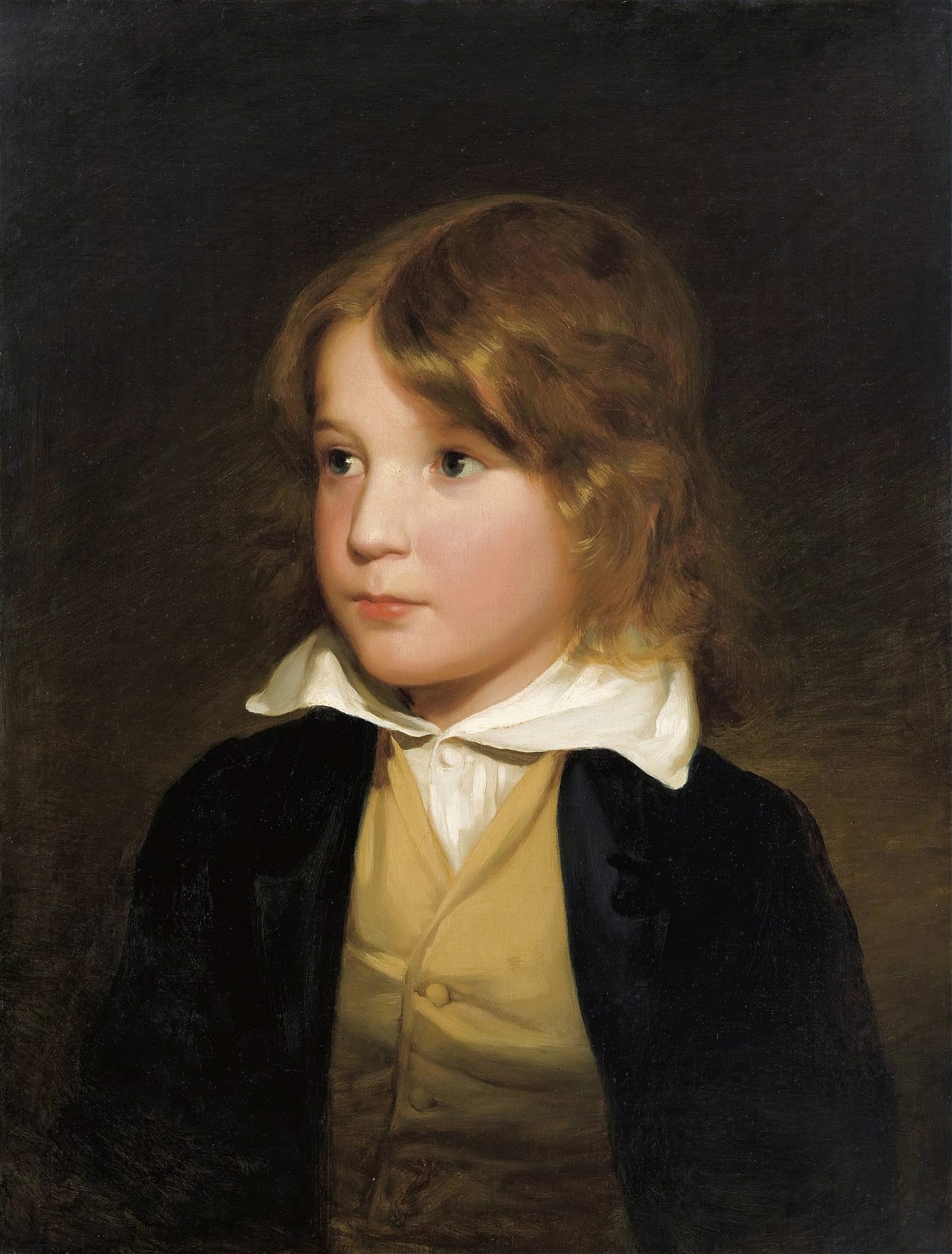 Retrato a óleo de um menino com cabelos castanhos claros e olhos azuis, vestindo camisa branca e colete amarelo sob casaco escuro, em fundo escuro. Atribuído a Friedrich von Amerling.