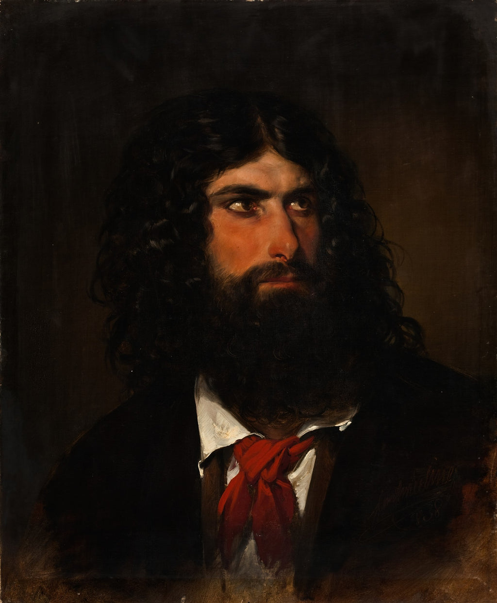 Retrato de um jovem com cabelos longos e barba escura, vestindo camisa branca e lenço vermelho, olhando para cima, em estilo clássico de Friedrich von Amerling.